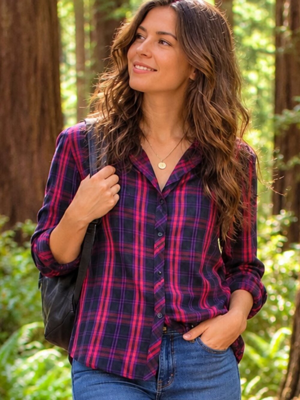 7th Avenue Design Studio Pink and Purple plaid Button Down - Large EUC